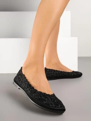 Czarne Balerinki Vices z Haftowanej Ażurowej Tkaniny w Kwiaty Efalorin