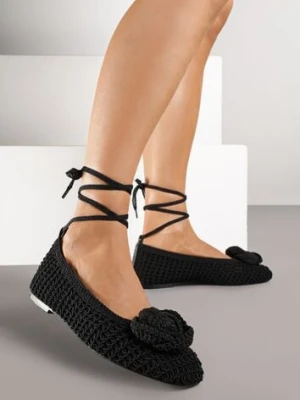 Czarne Balerinki Vices z Plecionki Zdobione Wiązaniem i Aplikacją Erezelia