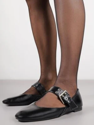 Czarne Balerinki Vices ze Skórzaną Wkładką i Szerokim Paskiem ze Sprzączką Rilucea