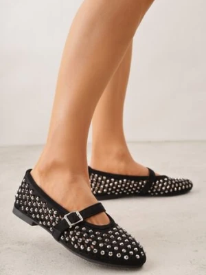 Czarne Balerinki w Stylu Mary Jane z Cyrkoniami i Ażurową Cholewką Lyphenne