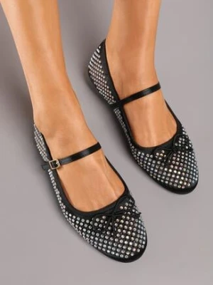 Czarne Balerinki z Ażurową Cholewką i Paskiem na Klamrę Moraisa