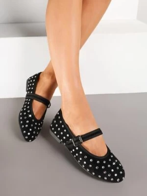 Czarne Balerinki z Imitacji Zamszu z Paseczkiem i Klamerką Zdobione Cyrkoniami Daibelle