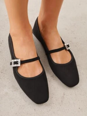 Czarne Balerinki z Imitacji Zamszu z Paskiem z Biżuteryjną Klamerką Elintora