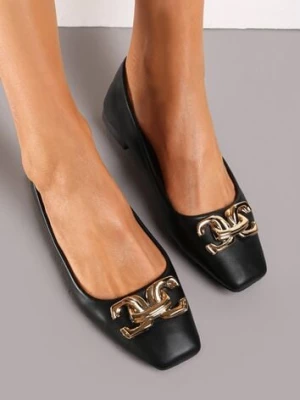 Czarne Balerinki z Klamrą w Kształcie Łańcucha Przy Kwadratowym Nosku Anllira