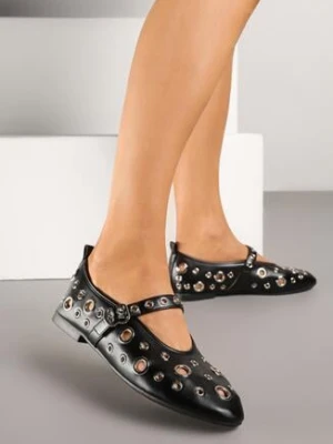 Czarne Balerinki z Metalicznymi Ozdobami i Paskiem Eranissea ideal