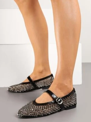 Czarne Balerinki z Siateczki z Paskiem Ozdobione Drobnymi Cyrkoniami Varabis