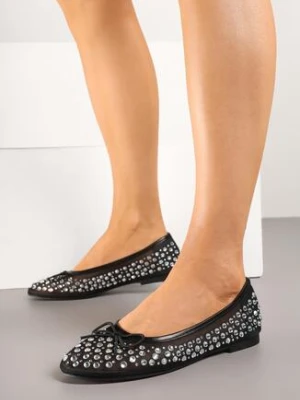 Czarne Balerinki z Siateczki Zdobione Cyrkoniami i Kokardką Falondria seastar
