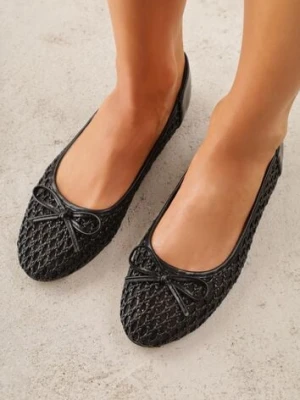 Czarne Balerinki z Siateczkową Cholewką z Plecionką Zdobione Kokardką Harelaya goodin