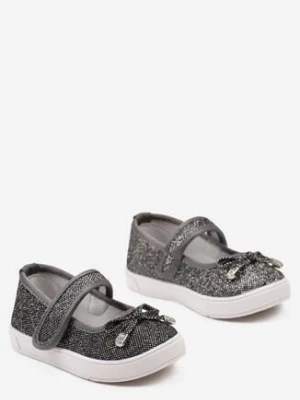 Czarne Balerinki Zapinane na Rzep z Kokardką i Cyrkoniami Vazlira