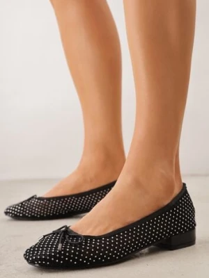 Czarne Balerinki ze Skórzaną Wkładką Siateczkową Cholewką Kokardą i Cyrkoniami Dorixa goodin