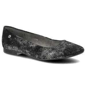 Baleriny damskie Maciejka, skóra zamszowa z połyskującymi drobinami but wsuwany i na płaskiej podeszwie, czarne srebrne, 00873-12-00-5