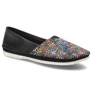 Baleriny damskie Maciejka, naturalna skóra kolorowa teksturowana cholewka z elastycznymi wstawkami, czarne, 01930-87-00-0