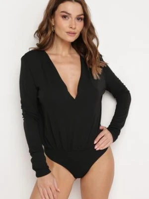 Czarne Bawełniane Body z Głębokim Dekoltem i Ozdobnym Marszczeniem Kaneala bisou's project