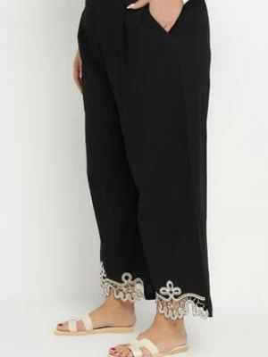 Czarne Bawełniane Spodnie o Szerokim Kroju Zdobione Haftem Efadelia melya by melody