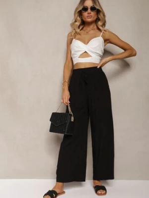 Czarne Bawełniane Spodnie Palazzo High Waist z Gumką w Pasie Gitanea