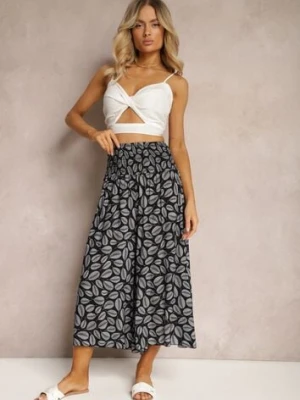 Czarne Bawełniane Spodnie z Szerokimi Nogawkami 7/8 i Gumką w Pasie Elenthe defox