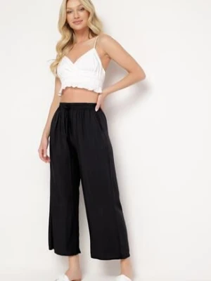 Czarne Bawełniane Spodnie z Szerokimi Nogawkami Palazzo z Gumką w Pasie Nesira defox