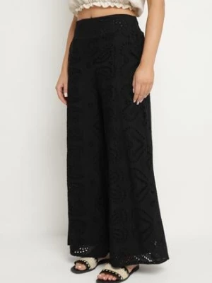 Czarne Bawełniane Szerokie Spodnie z Wysokim Stanem i Ażurowym Wzorem Evinasi rosa