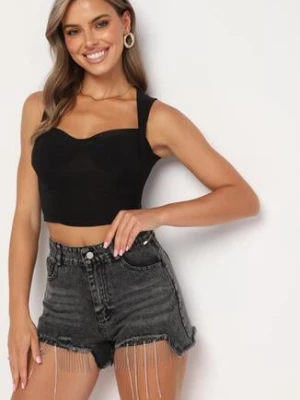 Czarne Bawełniane Szorty Jeansowe z Wysokim Stanem i Cyrkoniami Noemelba elsa.m by may