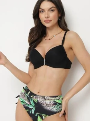 Czarne Bikini Biustonosz i Majtki Figi ze Ściągaczami w Tropikalny Wzór Sadeille swest