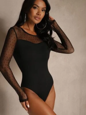 Czarne Body Vices Ozdobione Przezroczystymi Rękawami z Kropkami Hirrne