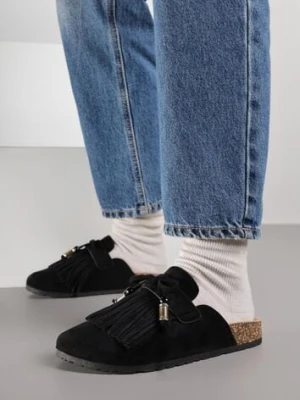 Czarne Boho Klapki Mule z Imitacji Zamszu z Frędzlami i Koralikami Elwedila