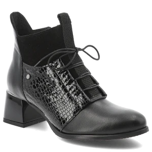 Botki damskie Armodo, ze skóry naturalnej eleganckie na klocku z okrągłym noskiem na zamek, czarne, 60503