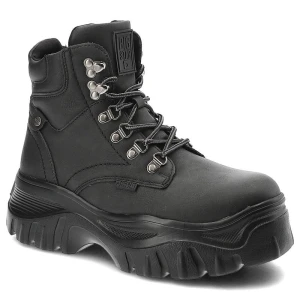 Botki damskie Big Star, ze skóry naturalnej licowej z wysoką sznurowaną cholewką metalowymi hakami i oczkami, czarne, KK274368