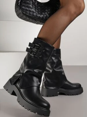 Czarne Botki Biker Boots VICES ze Sprzączkami i Cholewką Imitującą Nogawkę Anevita