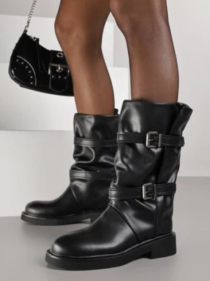 Czarne Botki Biker Boots z Marszczoną Cholewką i Paskami ze Sprzączkami Sinesa joalice paris