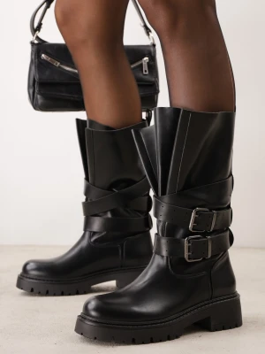 Czarne Botki Biker Boots z Ozdobnymi Paskami ze Sprzączkami i Rozszerzaną Cholewką Tiameca Tulipano