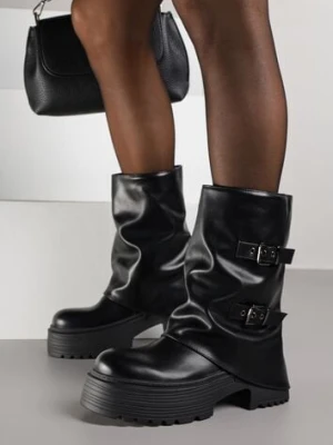 Czarne Botki Biker Vices z Wywiniętą Cholewką Platformą i Klamrami Reinila