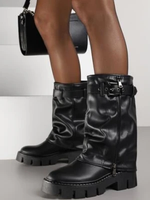 Czarne Botki Biker z Wywiniętą Cholewką i Paskiem z Klamerką Versana ballada