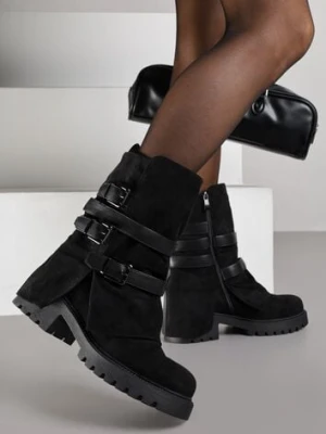 Czarne Botki Bikery Ozdobione Klamrami i Wywiniętą Cholewką Seride mellisa