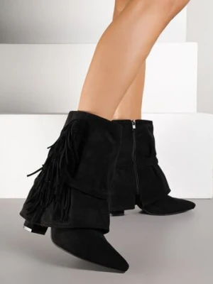 Czarne Botki Boho z Cholewką Imitującą Nogawkę i Frędzlami Zaslie ideal