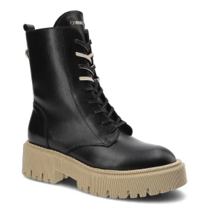 Czarne Botki Chebello Damskie Modne Skórzane Buty