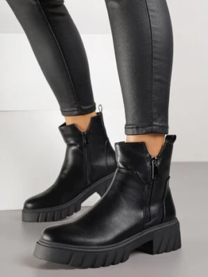 Czarne Botki do Kostki z Suwakiem na Grubej Podeszwie z Tłoczeniami Redvira m.daszynski