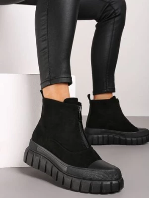 Czarne Botki Klasyczne z Ekozamszu na Niskiej Platformie Sanina