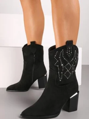 Czarne Botki Kowbojki na Obcasie Ozdobione Cyrkoniami Irinalie