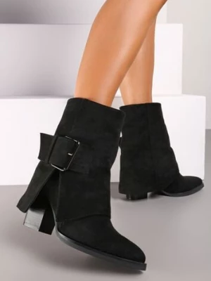 Czarne Botki Kowbojki na Słupku Ozdobione Wywiniętą Cholewką Ansinae