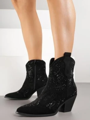 Czarne Botki Kowbojki na Stożkowym Obcasie z Cyrkoniami Tullane super mode