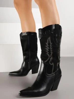 Czarne Botki Kowbojki na Stożkowym Obcasie Zdobione Haftem Nalirria super mode