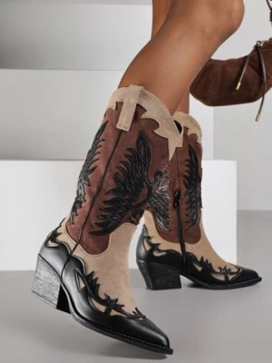 Czarne Botki Kowbojki na Stożku z Tłoczoną Cholewką Badilora ideal