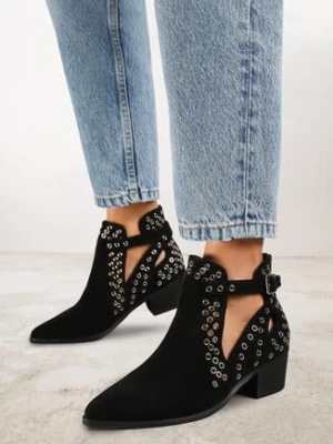 Czarne Botki Kowbojki Vices na Obcasie Ozdobione Wycięciem i Metalicznymi Wstawkami Nelori