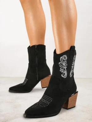 Czarne Botki Kowbojki Vices na Stożkowym Obcasie z Haftem Talfedi