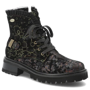 Botki damskie Laura Vita, skórzane zdobione za kostkę na płaskim obcasie na suwak, czarne, Kouleo-47