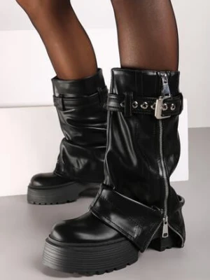 Czarne Botki na Grubej Podeszwie w Rockowym Stylu z Wywiniętą Cholewką Suwakiem Paskiem Merivette