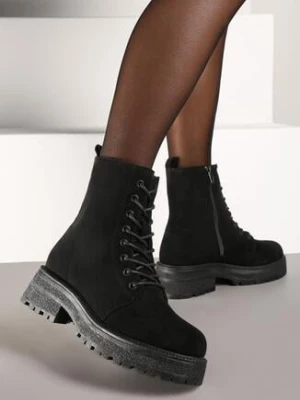 Czarne Botki na Grubej Podeszwie z Sznurowaniem Eterna