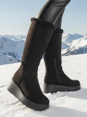 Czarne Botki na Koturnie z Wywijaną Cholewką i Barankiem Irilaura