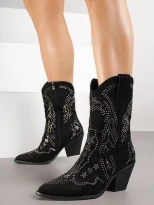 Czarne Botki na Kowbojki na Słupku z Cyrkoniami Flarise super mode